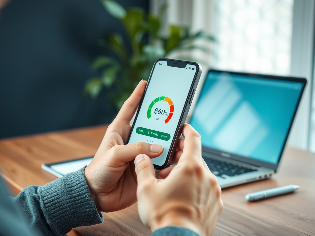 A person holds a smartphone displaying a performance gauge indicating 860, with a laptop in the background.