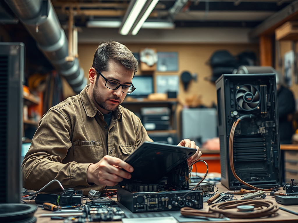 A focused man examines a laptop's components on a workbench surrounded by various electronic equipment.