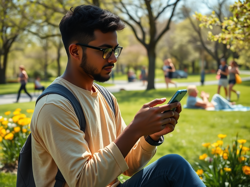 A young man sits on the grass in a park, focused on his phone, with flowers and people in the background.