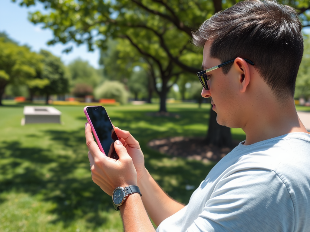 A young man wearing sunglasses checks his phone while standing in a sunny park with trees in the background.