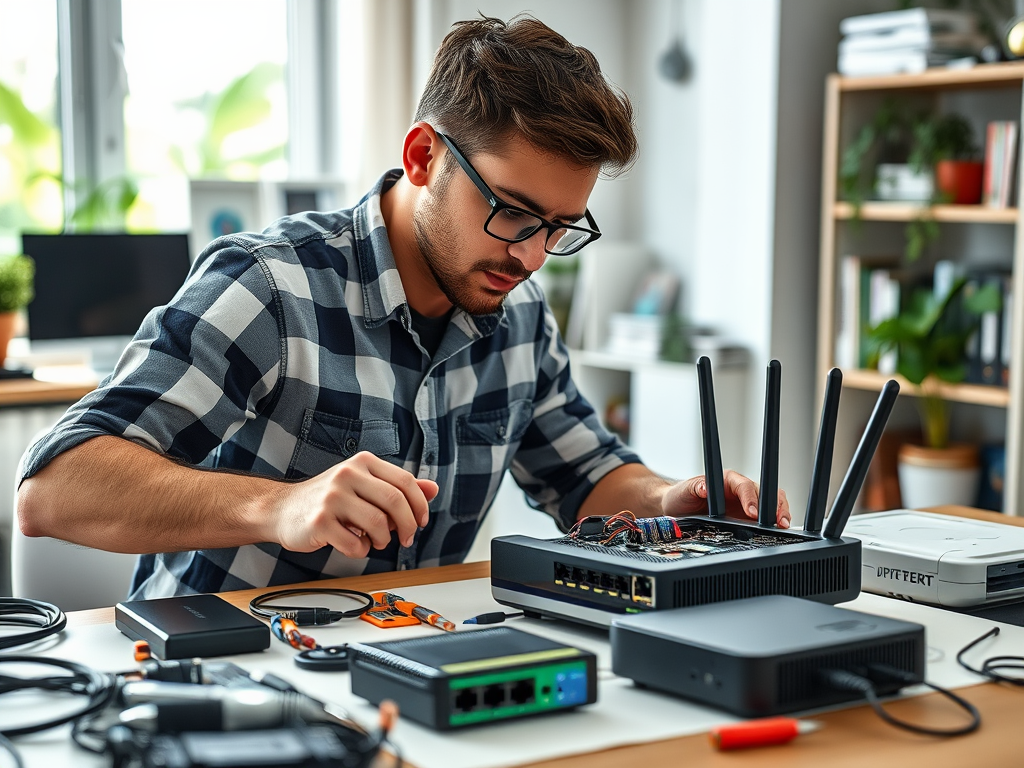 A young man in glasses works on computer hardware at a desk filled with tools and equipment, focused on his task.