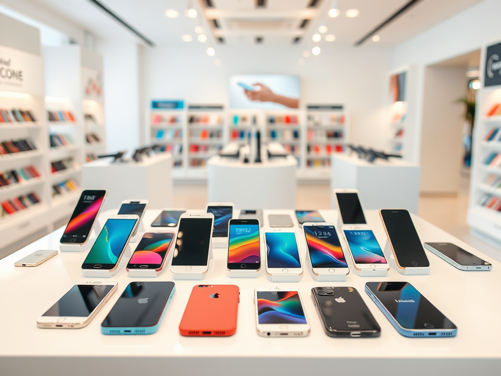 A display of various smartphones arranged on a table, showcased in a modern smartphone store.
