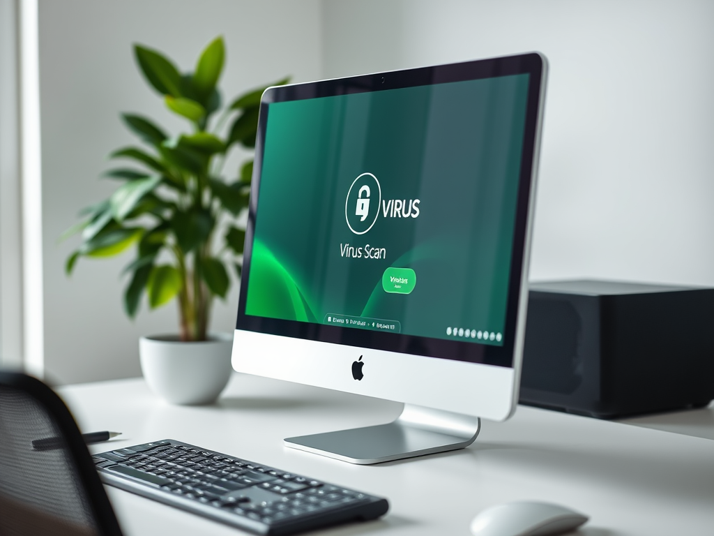 A computer screen displaying a virus scan in progress, with a green background and a plant in the background.