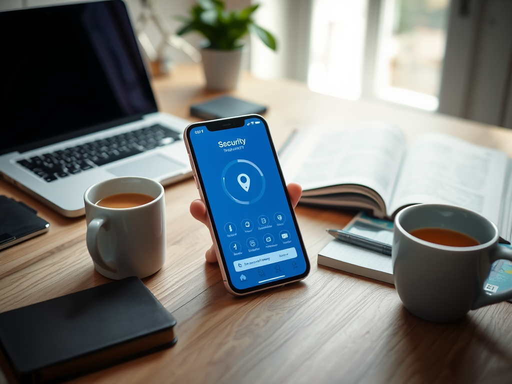 A person holds a smartphone displaying a security app, surrounded by coffee cups, a laptop, and an open book.