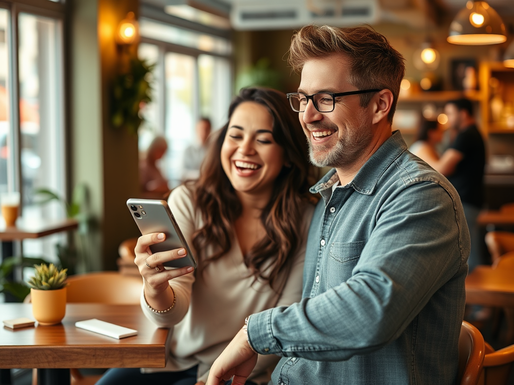 A couple laughs together in a cafe, looking at a phone, with a warm and inviting atmosphere around them.