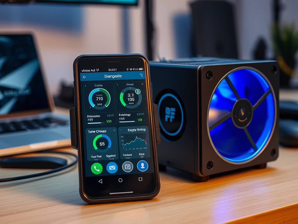 A smartphone displaying diagnostic data next to a desktop speaker with a blue illuminated fan on a wooden surface.